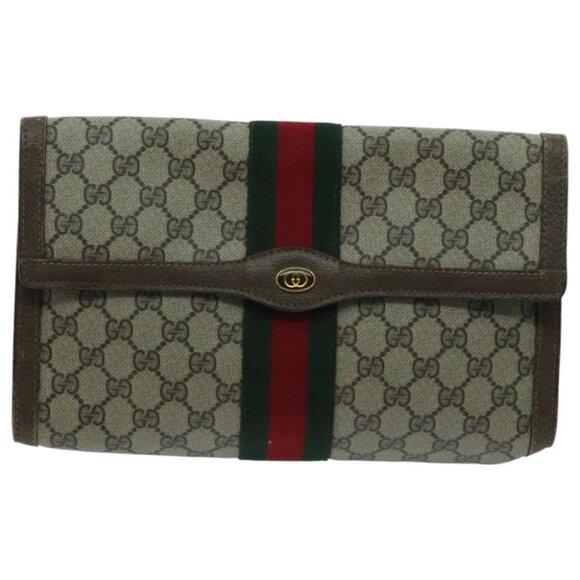 GUCCI GG Supreme Web Sherry Line Clutch Bag PVC Beige - Picture 2 of 14